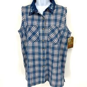 Vintage NWT Stock Northwest Blue Sleeveless Womens Plaid Button Up Embroidered M